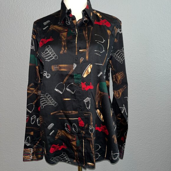 VINTAGE LAUREN RALPH LAUREN BLACK EQUESTRIAN PRINT BLOUSE SHIRT TOP  EUC - LARGE - Picture 1 of 12